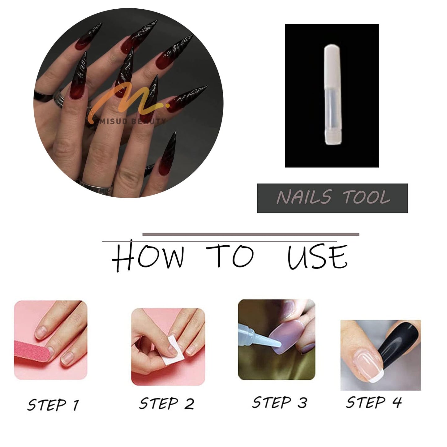 MISUD Press on Nails - Long Stiletto Glue on Nails with Goth Red Black, Acrylic Gothic Vampire Design 24 pcs