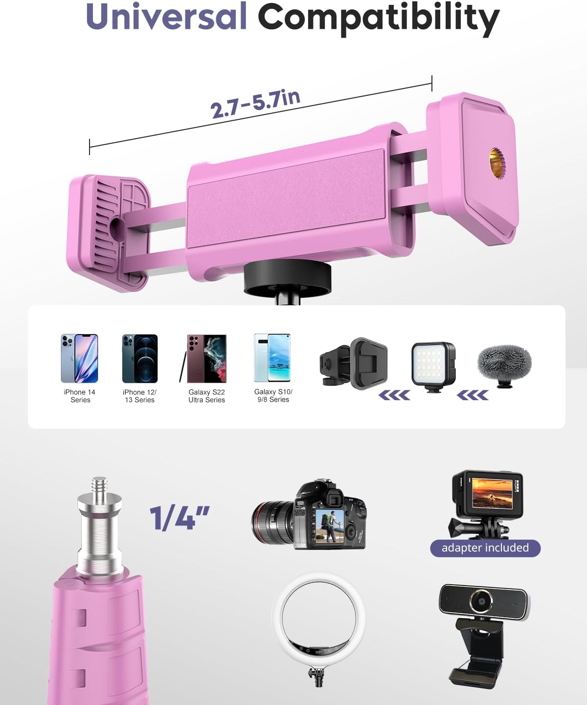 Aureday Phone Tripod, 92" Cell Phone Stand with 15" Gooseneck, Remote and Phone Holder, Overhead & Selfie Stick for Recording/Watching/Vlog, Compatible with iPhone Android, Pink