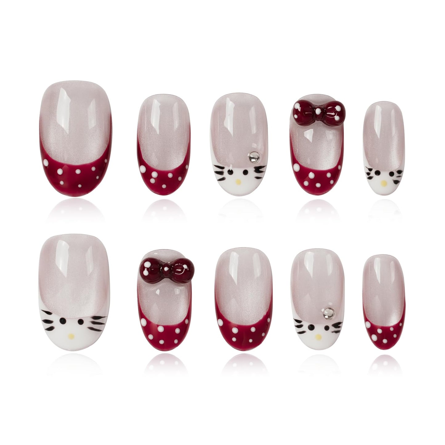 Tesytto Handmade Press on Nails Almond Shape Glossy Reusable False Nails for Nail Art (Cute Cat Polka, M)