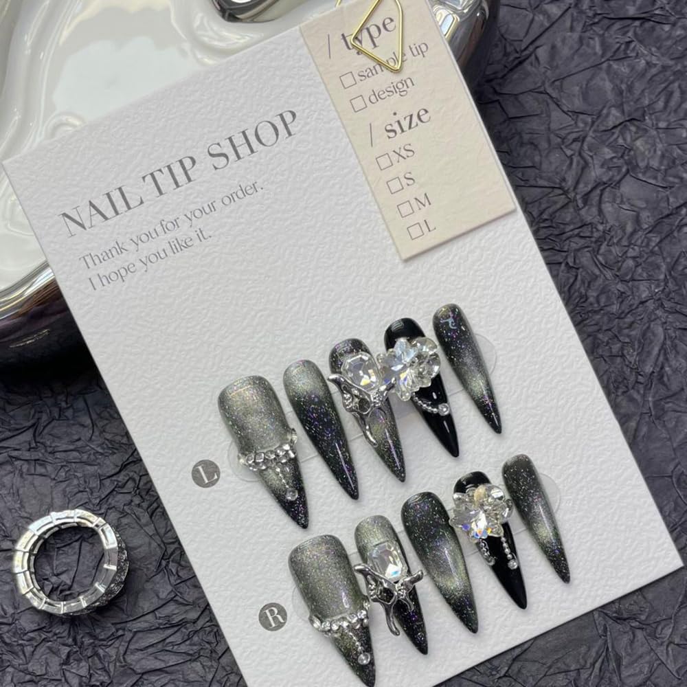 JIEADJIE Press On Nails (100% Handmade),Length Version,Handmade Painted Nail Art by Nail Technician,Luxury Party and Holiday Styles (Black Flash Silver, Medium)