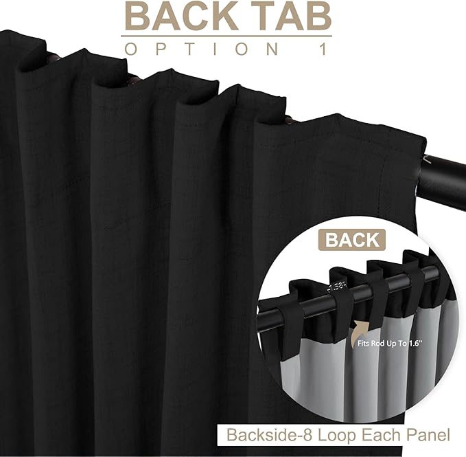 100% Blackout Shield Linen Blackout Curtains for Bedroom 63 Inches Long, Back Tab/Rod Pocket Living Room Drapes, Thermal Insulated Blackout Curtains 2 Panels Set, 50" W x 63" L, Black