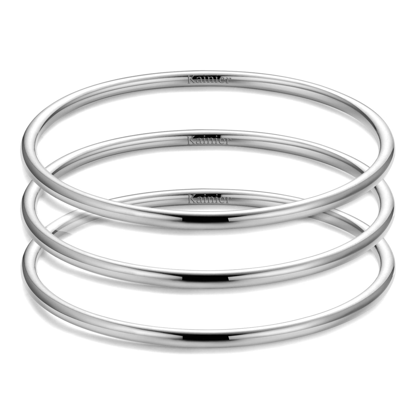 Kainier 3mm Bangle Bracelet Stainless Steel Glossy Stackable Thin Round Bangle Bracelet for Women Solid Plain Polished Bracelet Best Gifts for Love (3pcs Steel, 65)