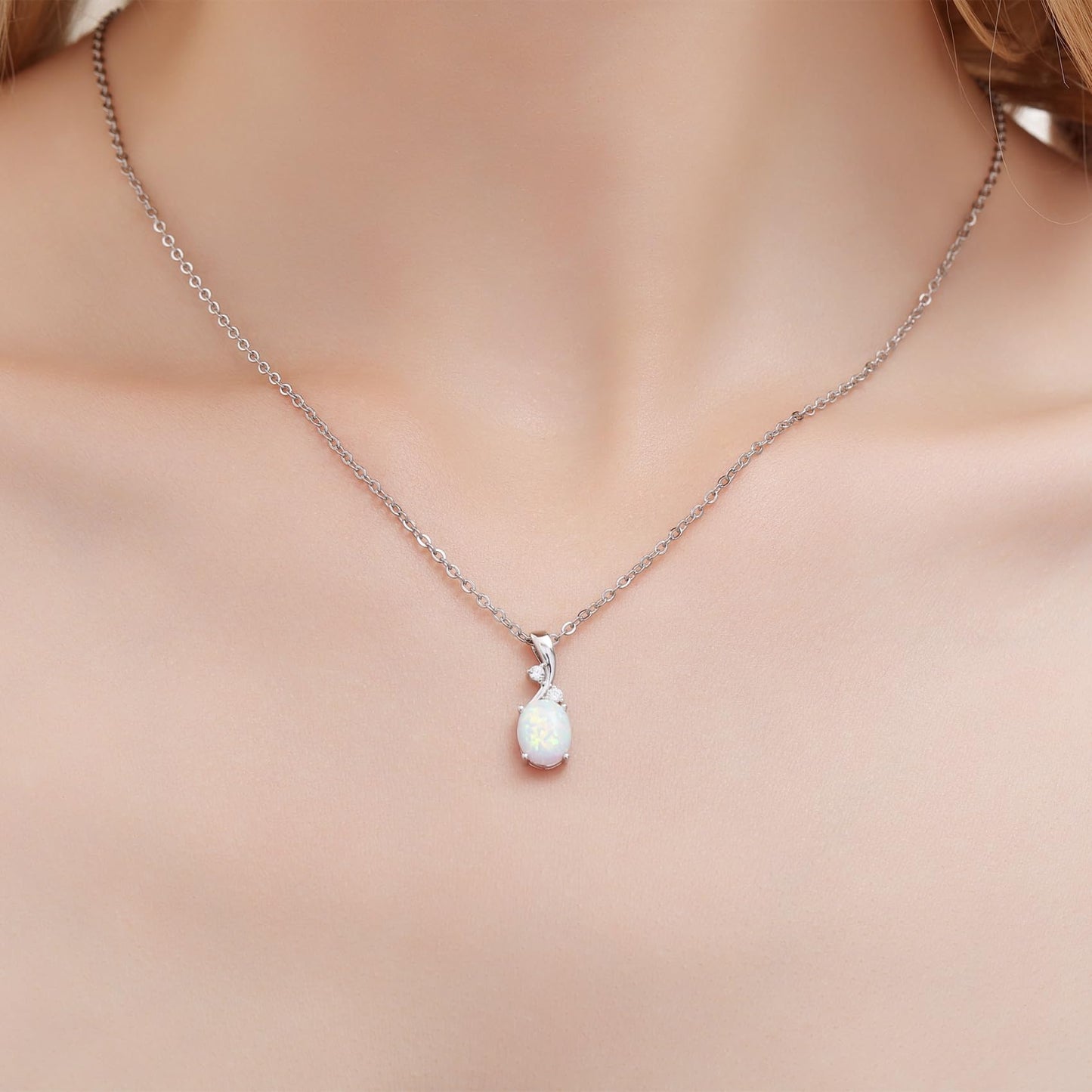 AILUOR Vintage Opal Pendant Necklace, Silver Plated Created Gemstone Oval White Opal Fashion Jewelry for Women Mother - Endless Love (Silver)