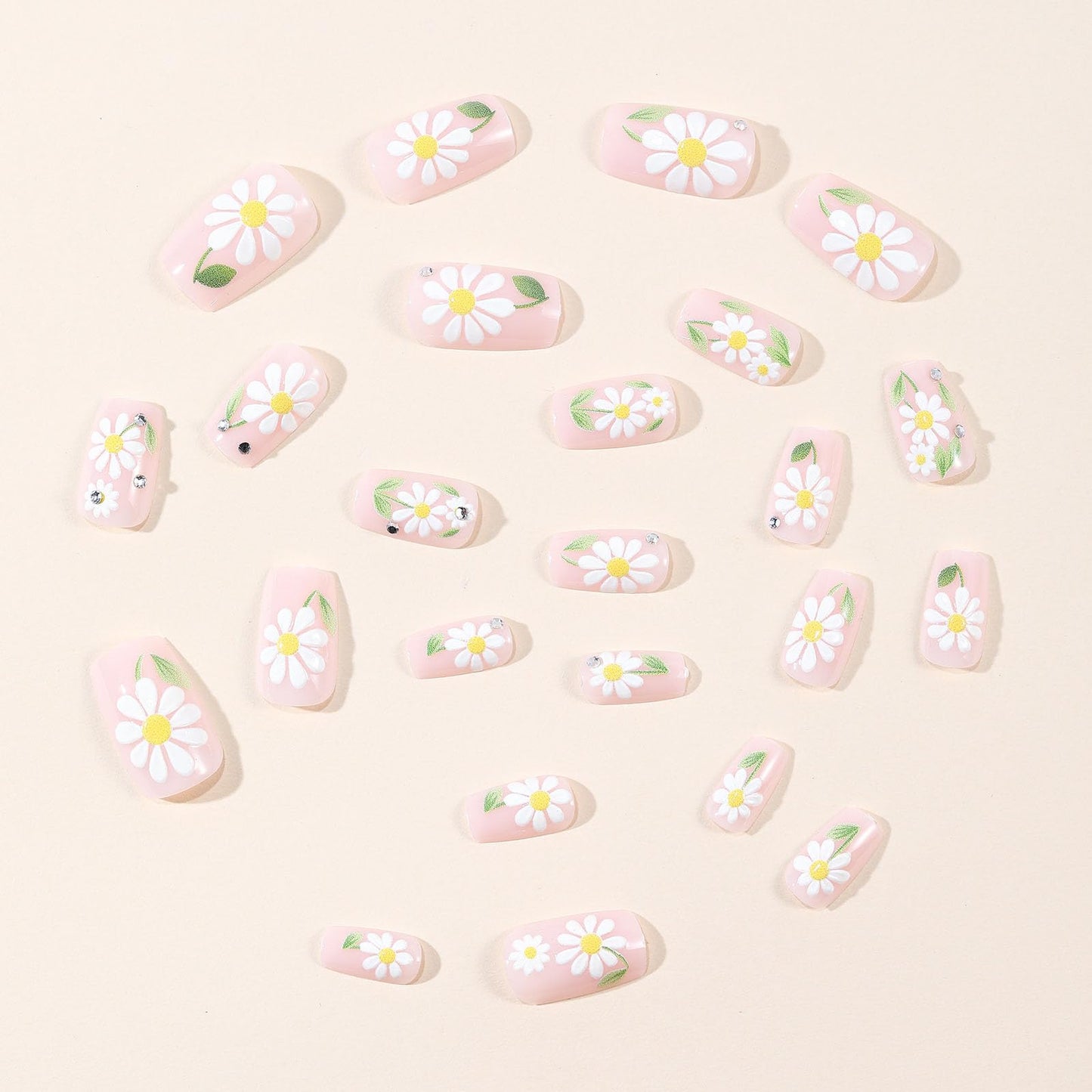 Square Press on Nails Medium Fake Nails with White Flower Green Leaves Rhinestones Designs Glossy Glue on Nails Nude Nails Press ons Summer Acrylic Artificial Stick on Nails for Women 24Pcs