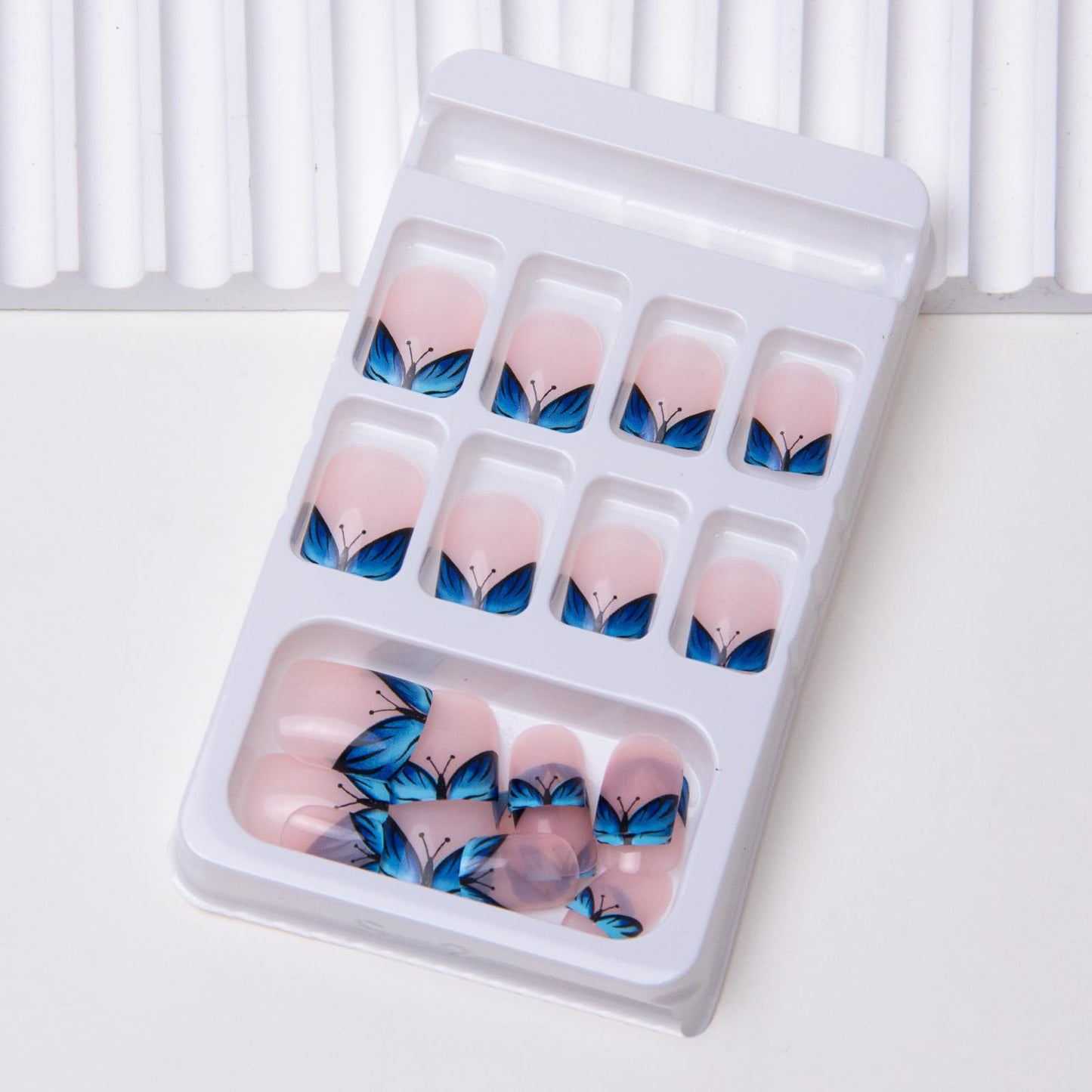 French Tip Press on Nails Short Square Fake Nails Blue Butterfly False Nails Spring Acrylic Nails Glossy Artificial Nails Press ons Glue on Nails for Women Girls Manicure Decoration 24Pcs