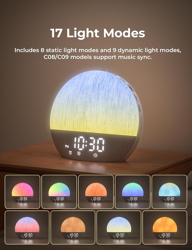 LIORQUE Wake Up Light Sunrise Alarm Clock for Bedrooms with BT Speaker