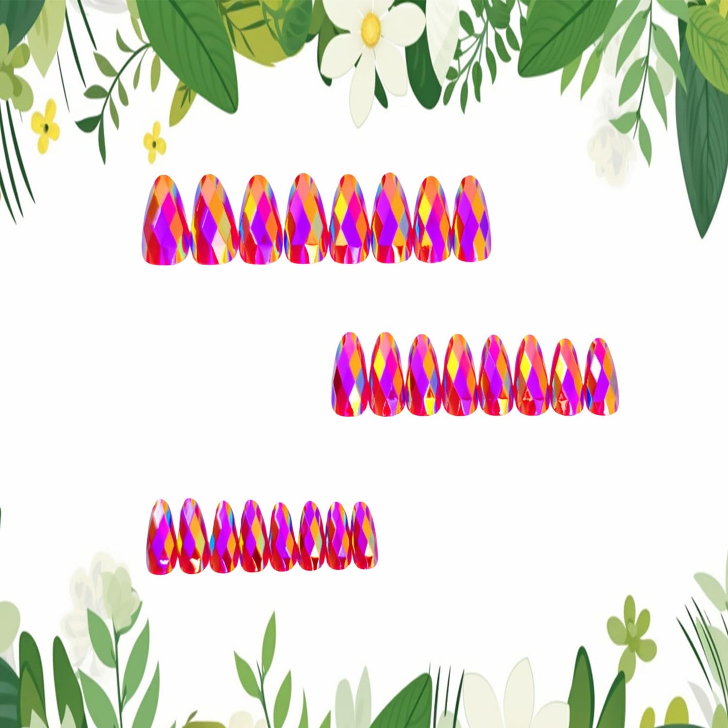 CJDLTS Pink Press on Nails Medium Length Artificial Acrylic Gradient Rainbow 3D Diamond-Shaped Electroplating Fingernails Almond Full Cover Glossy Stick on Nail False Nails for Women Manicure 24Pcs