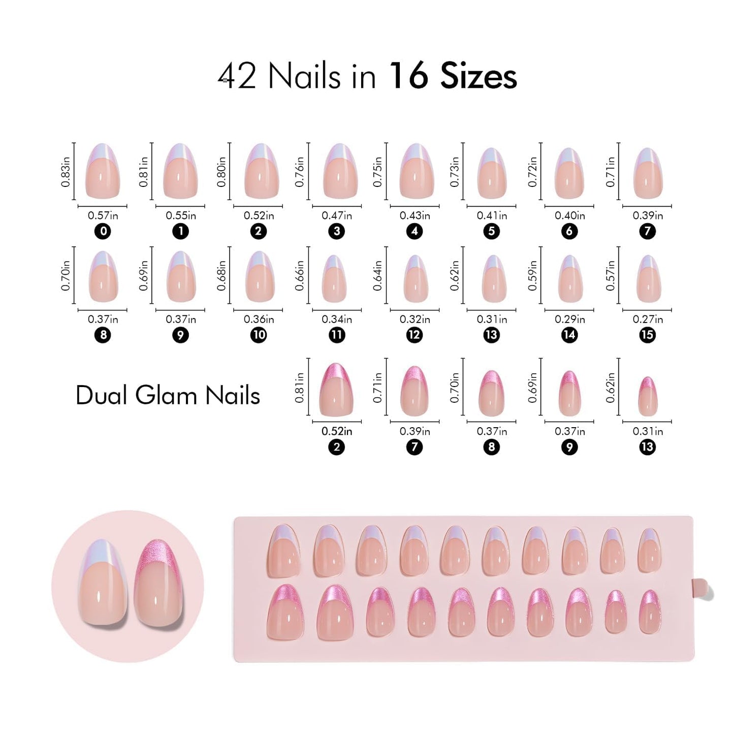 VSALON Almond Short Press on Nails, Hot Pink & White Chrome Finish Glossy French Tip Reusable Light Curable False Nails, 42 pcs Opaque Fake Nails Kit in 16 Sizes with Glue & Cuticle Oil
