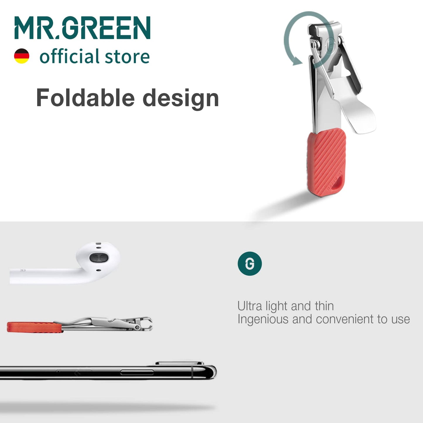 MR.GREEN Compact Nail Clippers Foldable Nail Cutters Manicure Tools Portable Fingernail Clipper with Key Chain Nail Scissors (Red)