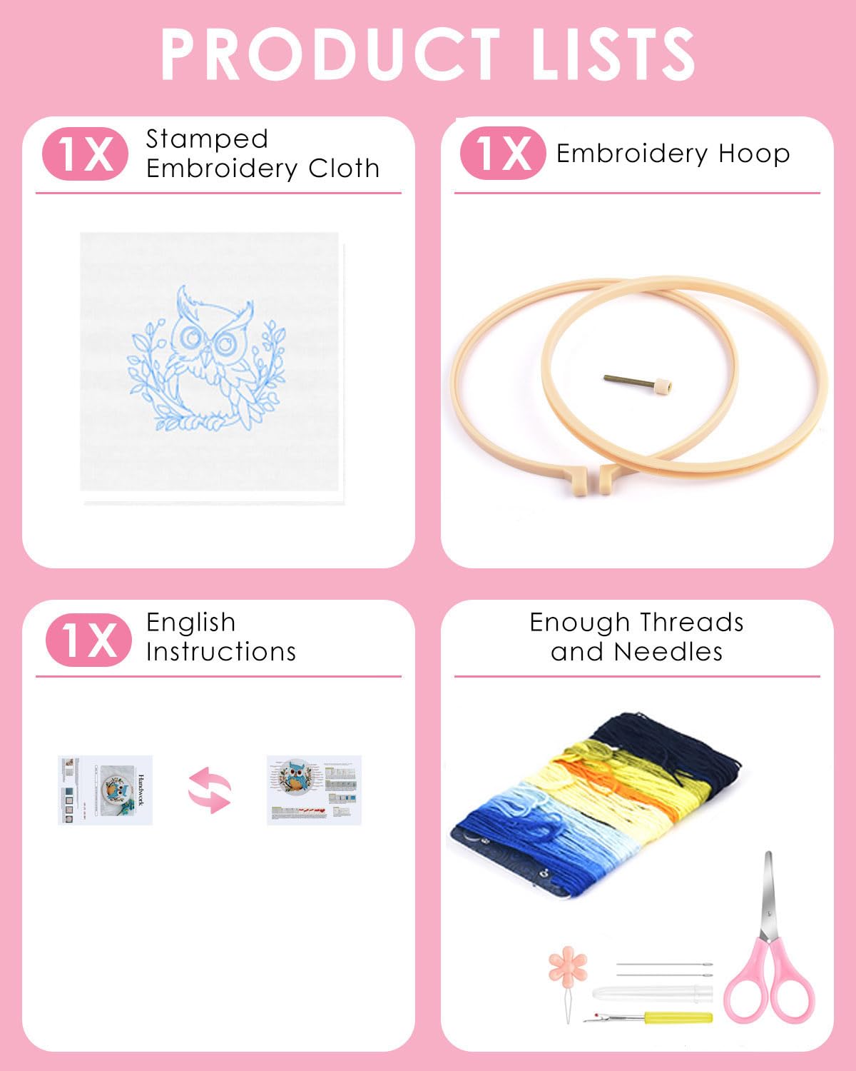 TINDTOP Embroidery Kit for Beginners Adult, Owl Embroidery Kit for Beginners Include Embroidery Cloth Hoops Threads for Craft Lover Hand Stitch with Embroidery Skill Techniques