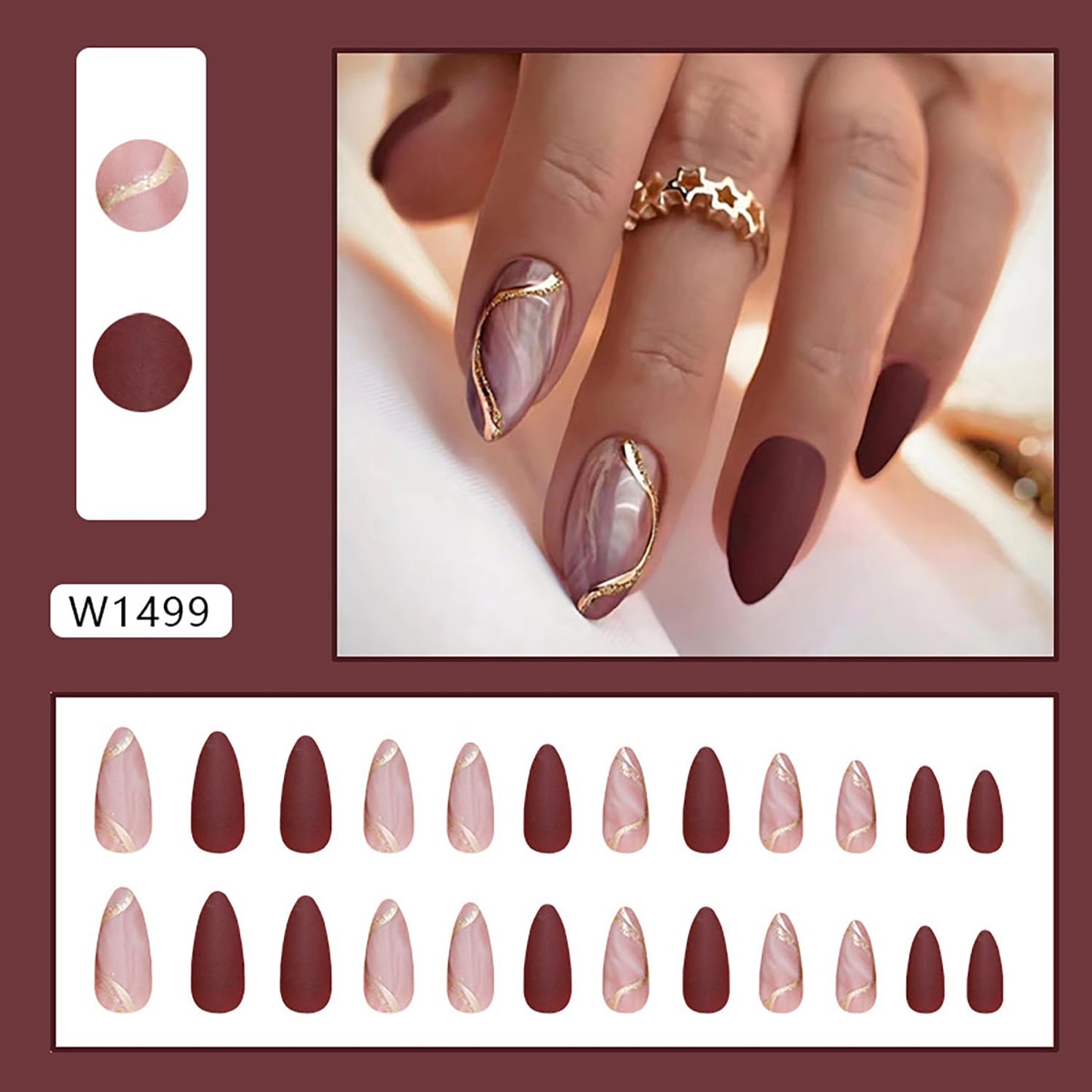 Press On Nails Medium Almond Artificial Acrylic Wine Red French Tip Gold Stripe Design Fall Winter Fake Nails Full Cover Glossy Reusable Coffin Nails Glue on Nails for Women 24Pcs