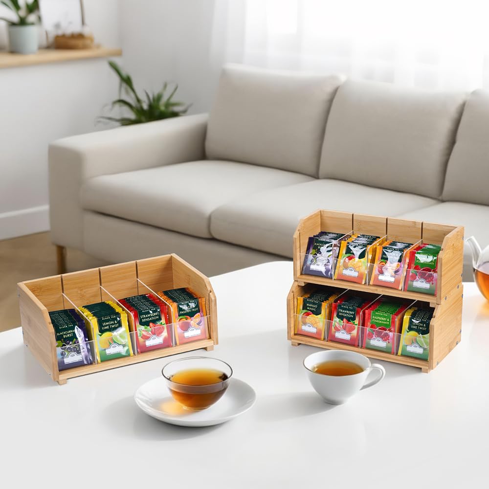 DOUKE Wooden Tea Bag Organizer – 2-Tier Stackable Tea Box with Adjustable Dividers, Safe Bamboo Tea Storage, Countertop Tea Holder for Coffee Tea Station, Kitchen, Office