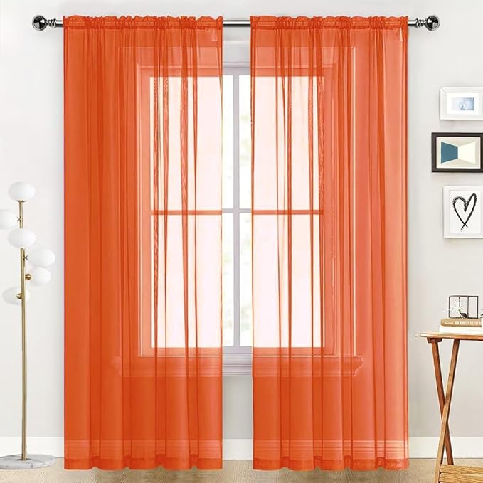SpaceDresser Sheer Voile Window Treatment Rod Pocket Curtain Panels for Kitchen Bedroom Living Room Drapes Sunlight Filtering Privacy Semi Home Decor Assorted (Burnt Orange, 52 W x 90 L)
