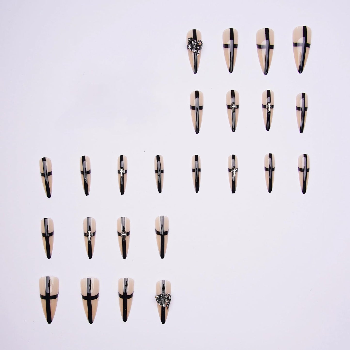 MISUD Press on Nails - Long Stiletto Fake Nails with Goth Black Cross, Acrylic Y2K Charms Design 24 pcs
