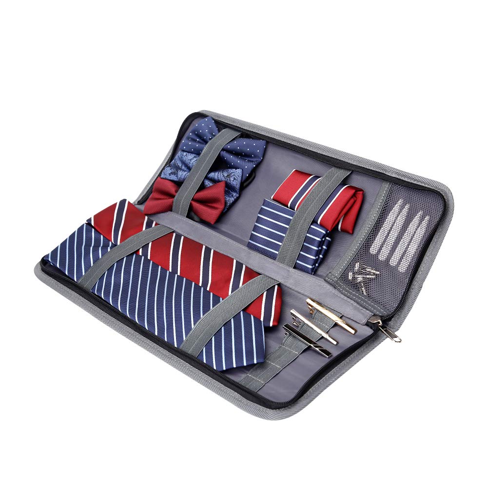 Modoker Tie Organizer Case Bag for Travel, Tie Holder Storage Box for Men Gift Necktie Carrier with Pockets for Cufflinks & Collar Stays, Rigid Anti-Wrinkle Ties Bag Fits 4–6 Ties, Grey