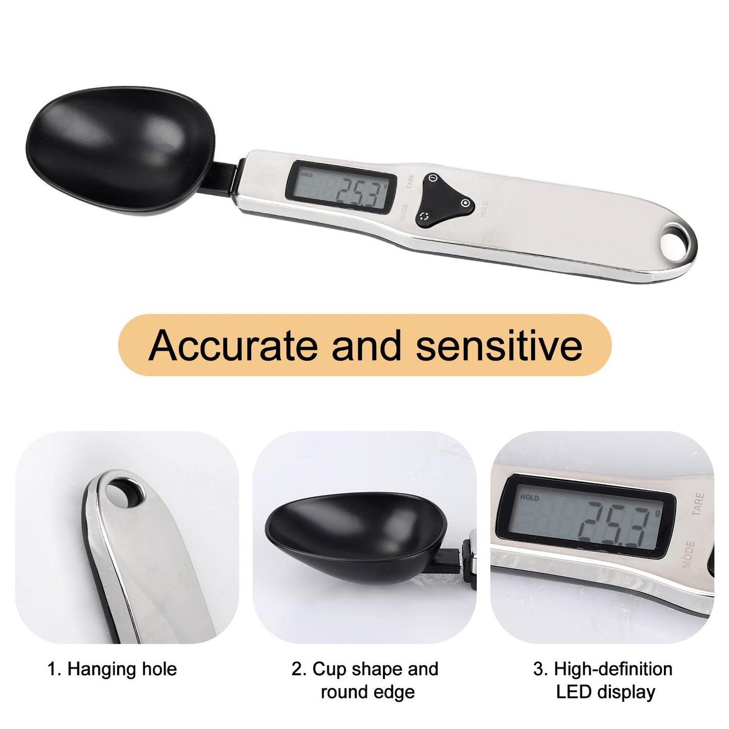 BTFO Electronic Food Measuring Spoon, Stainless Steel Digital Scoop Scale Small Baking Weight Cup with LCD Display 300g/0.1g High Precision Gram Kitchen Gadgets for Home Kitchen