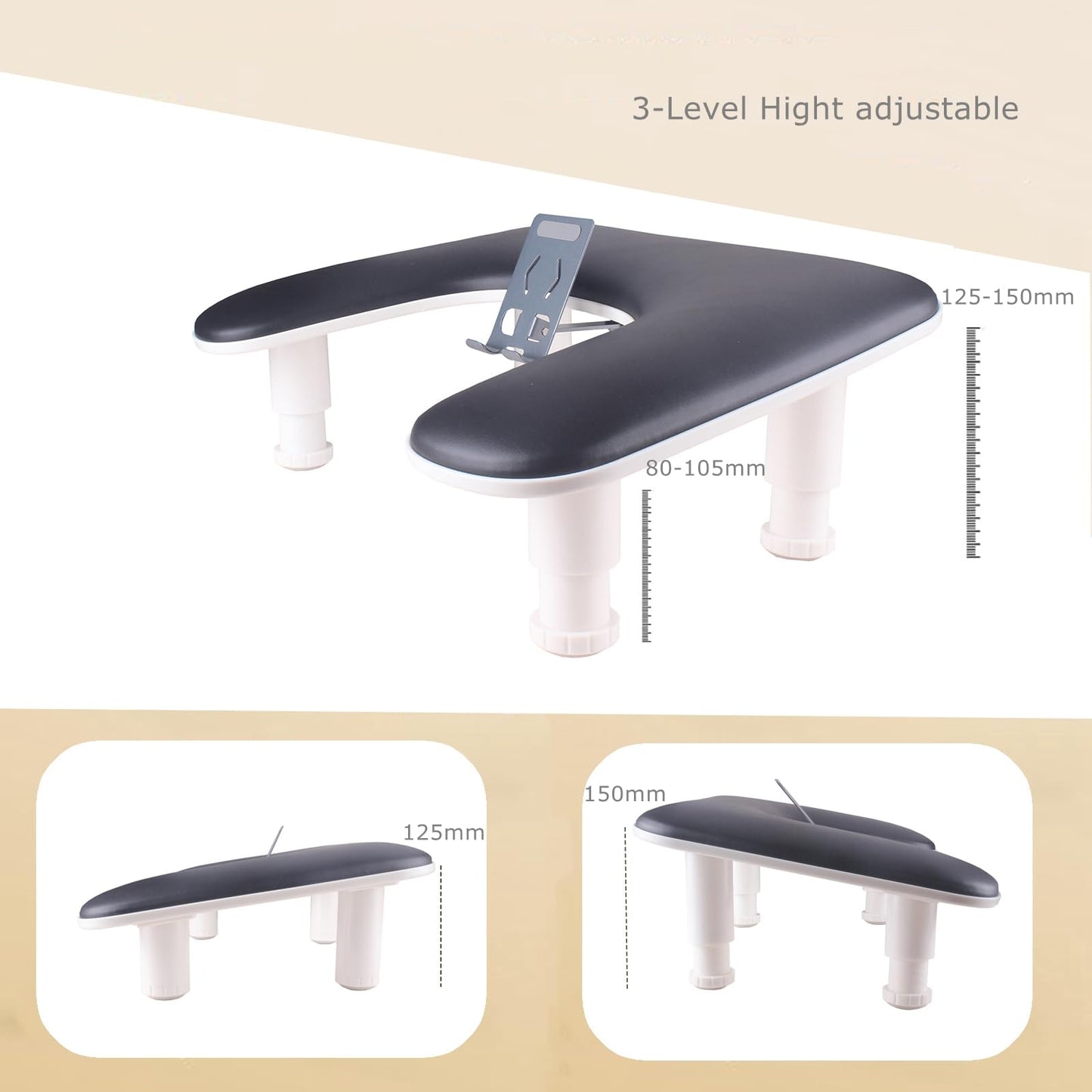 Manicure Arm Rest with Rotating Phone Holder for Nails Tech, U - Shaped Adjustable Nail Hand Rest Stand PU Leather (Black)