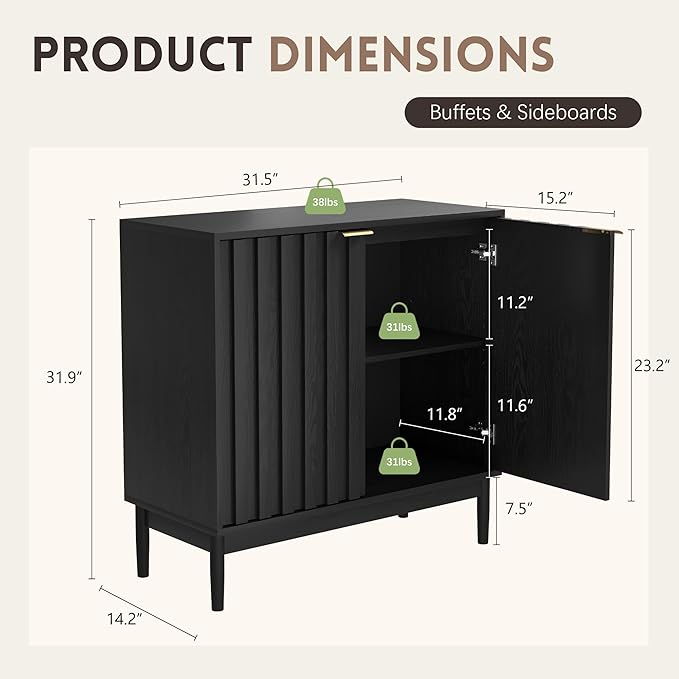 Fluted Cabinet with Storage, Buffet Cabinet Sideborad with Door, Kitchen Buffet Storage Accent Cabinets with Adjustable Shelves for Living Room, Entry, Hallway, Black