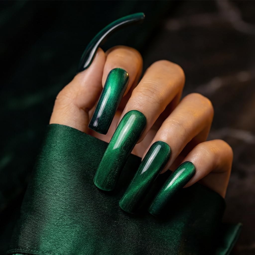 IntoVibes Emerald Green Chrome Press On Nails XL Handmade Curved Down Groove Style, Metallic Cat-Eye Effect Long Nails, Reusable Fake Nail Tips for Parties and Events, Square Acrylic Nails (L)