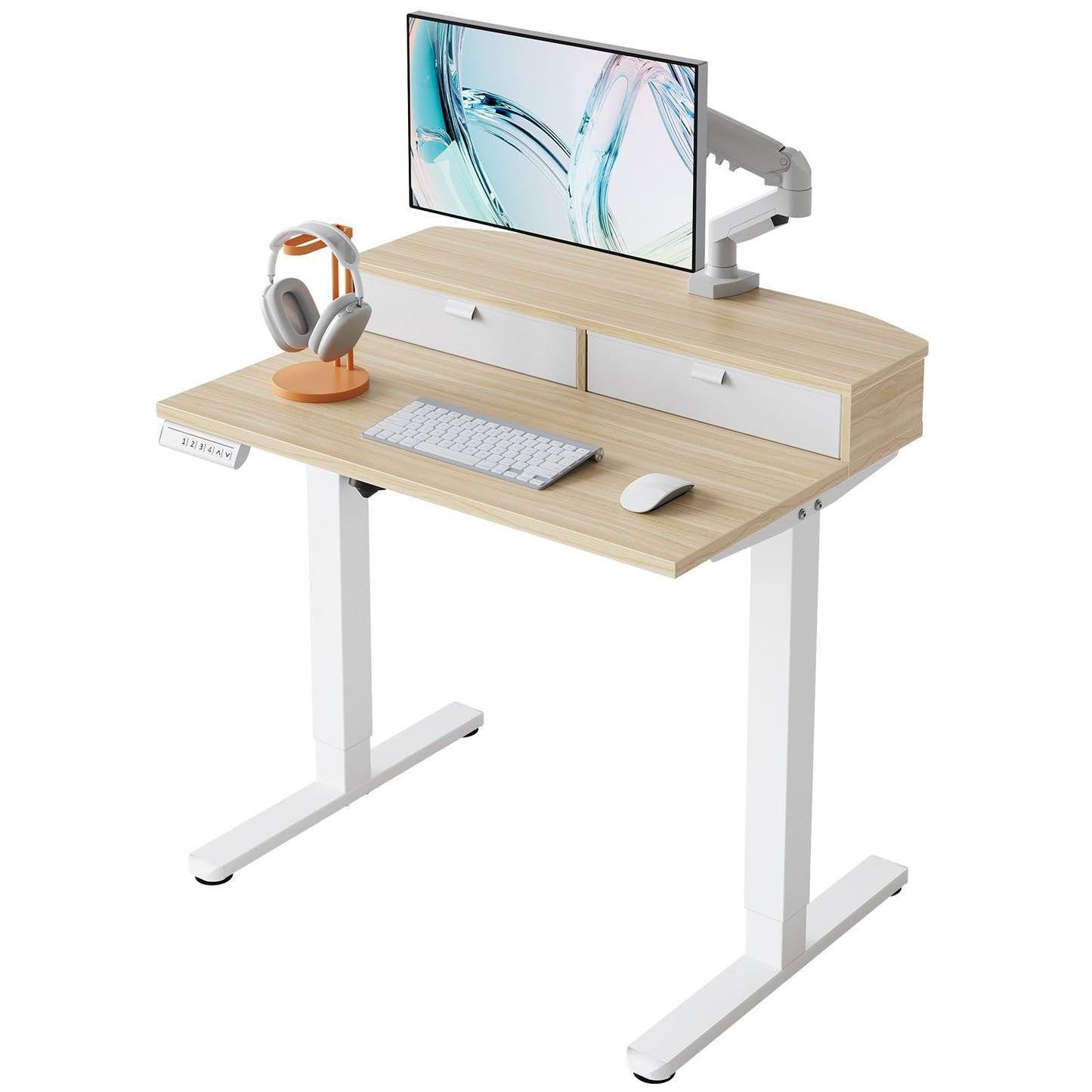 HUANUO 32 x 21 inch Small Electric Standing Desk with 2 Drawers, C-Clamp Mount Compatible, Height Adjustable Sit Stand Desk, Home Office Stand Up Desk with 4 Memory Height Settings, Light Walnut