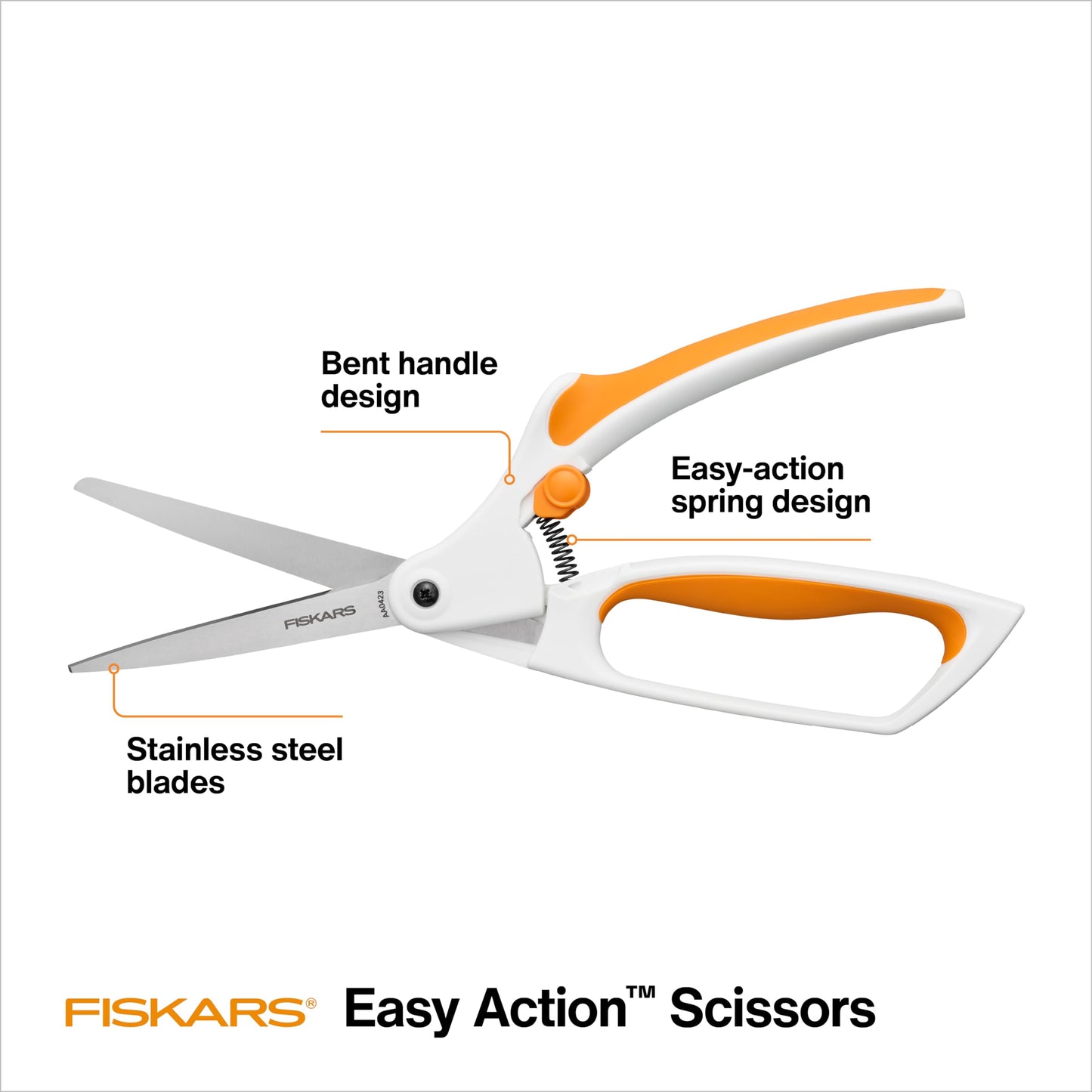 Fiskars Easy Action Scissors, No. 8, Spring-Assisted & SoftGrip Bent Handle Reduces Hand Fatigue, Precision Stainless Steel Blades for Clean Tabletop Cutting, Ambidextrous Design, Stainless Steel