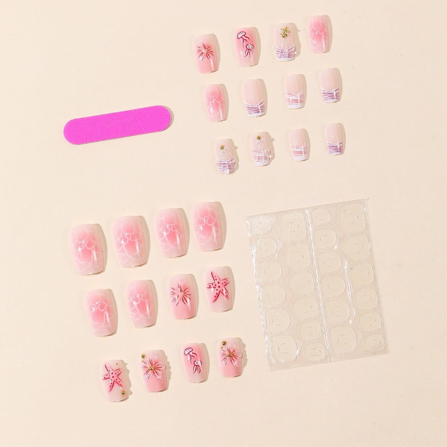 Summer Press on Nails Pink Ocean Fake Nail with Starfish & Jellyfish Designs Flower Press on Nails Beach False Nail Medium Square Acrylic Stick on Nails for Women Manicure Decoration 24 Pcs