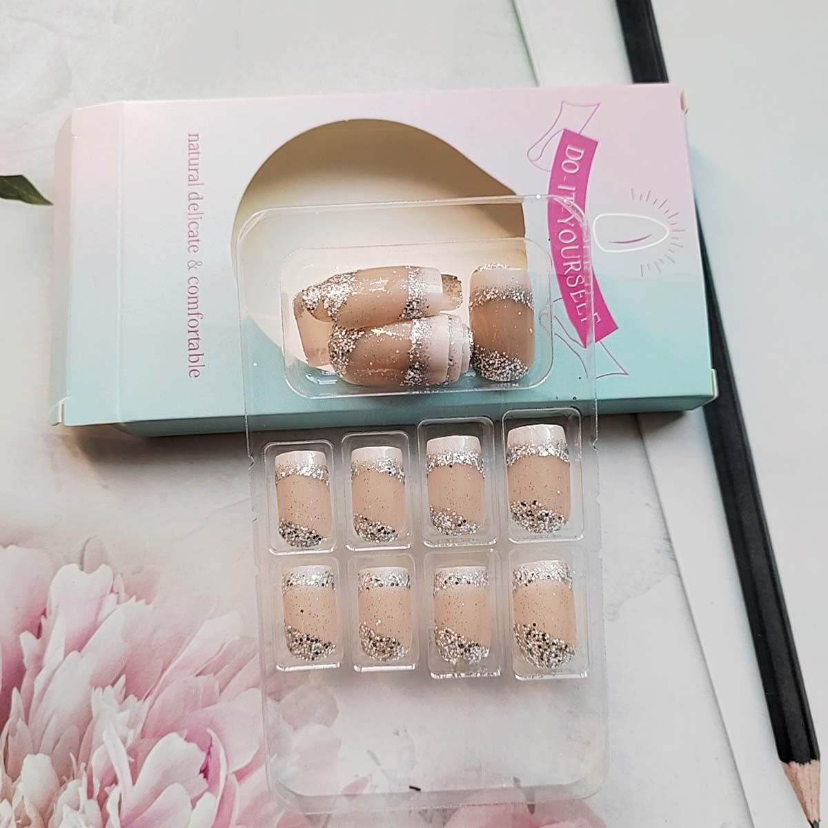 French Tip Press on Nails Medium Square Fake Nails Press ons Nail Tips, LINMEIZAI 24 Pcs Glitter Glossy Stick on Nails Sliver Acrylic Nail Kit with Sparkly White Design False Nails Nail Art for Women