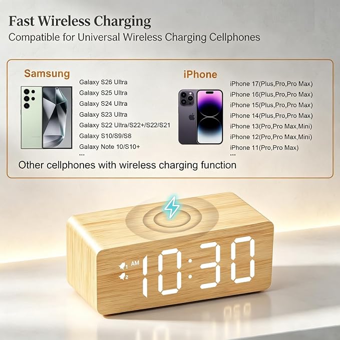 URAYCO Wood Digital Alarm Clock with 10W Fast Wireless Charger, USB Charging Ports, DST, Dimmable, Snooze, Large Number LED Display for Bedrooms, Desk, Living Room Table, Bedside, Nightstand (Bamboo)