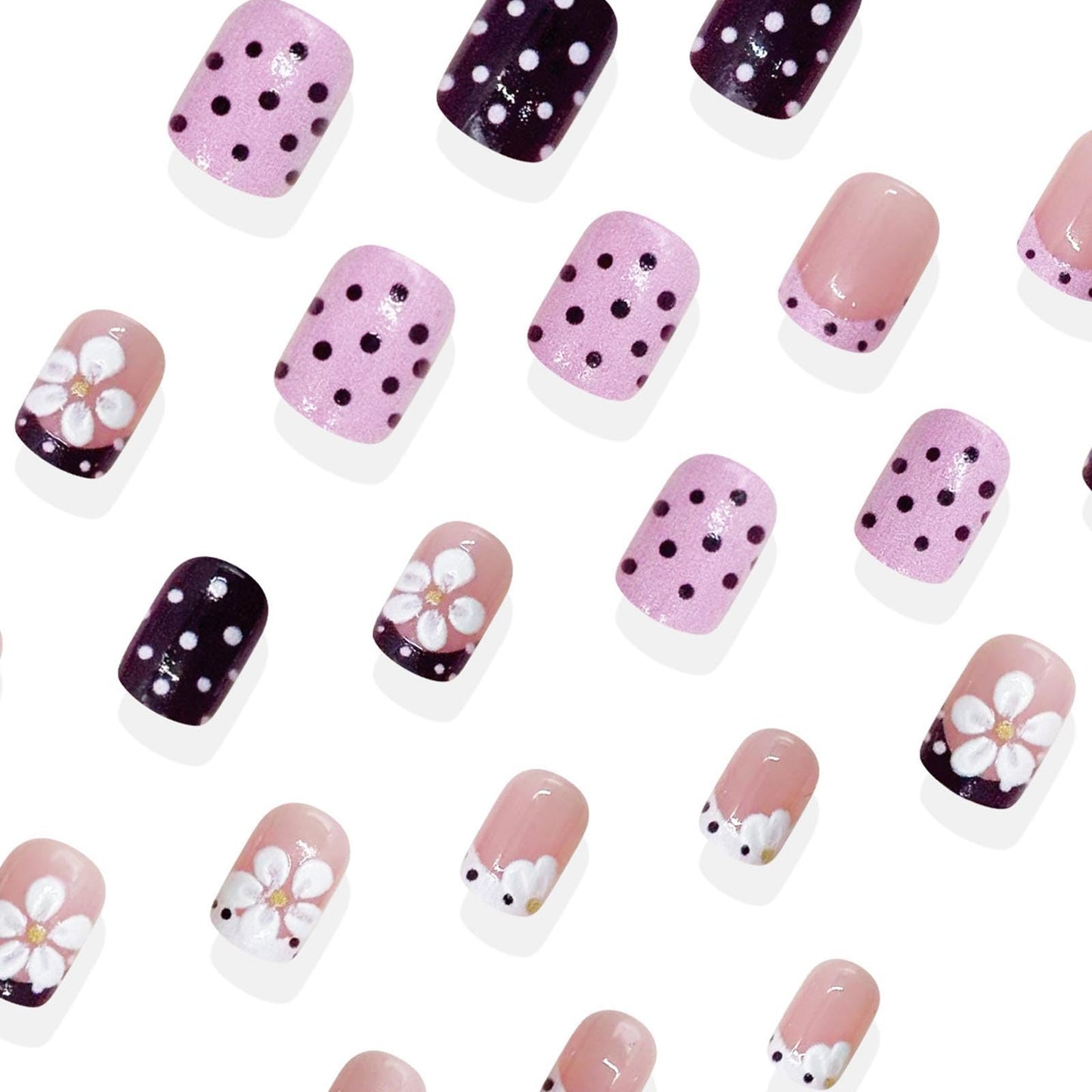 French Tip Press on Nails Short Square Fake Nails with Polka Dots Flower Designs Cute Nails Press ons Pink Brown White Glue on Nails Spring False Nails Summer Stick on Nails for Women 24Pcs