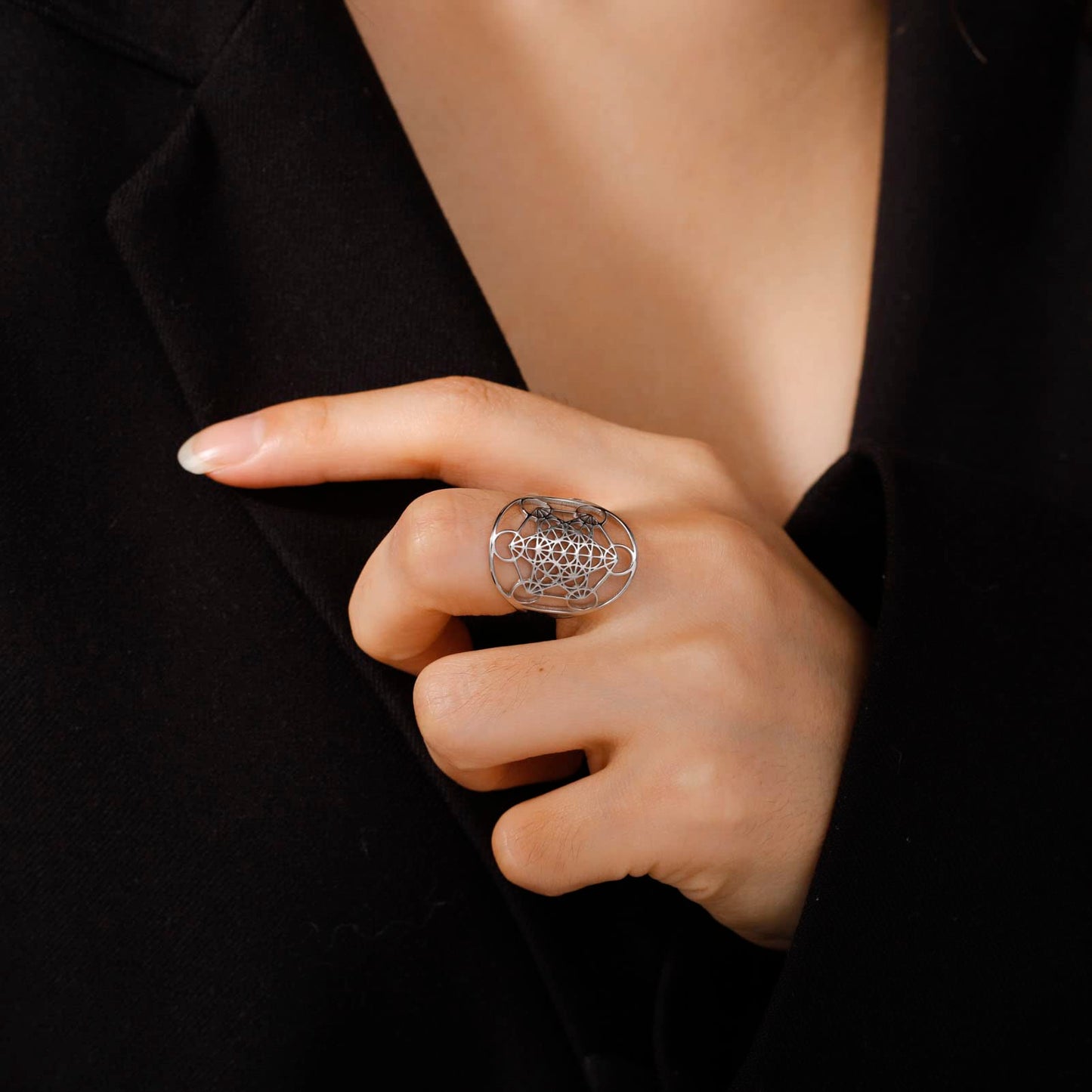 Amaxer Metatron's Cube Ring Archangel Metatron Protection Statement Hollowed Out Womens Stainless Steel Open Band Ring Jewelry
