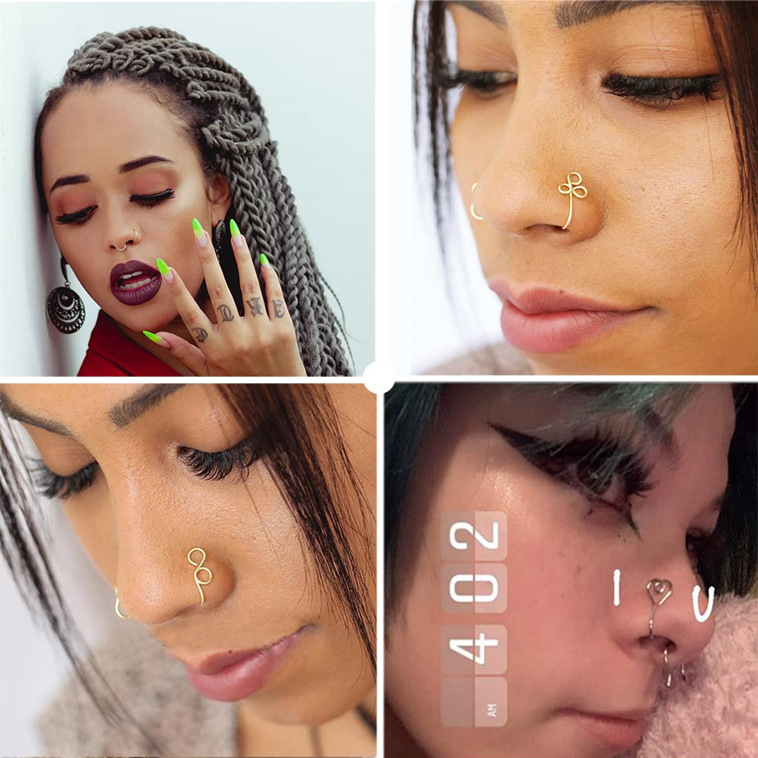 VitaCool Fake Nose Rings Nose Cuffs for Non Pierced Fake Septum Nose Ring Spring Clip on Non Pierced Septum Ring for Women Men (T0-9pcs-Silver)