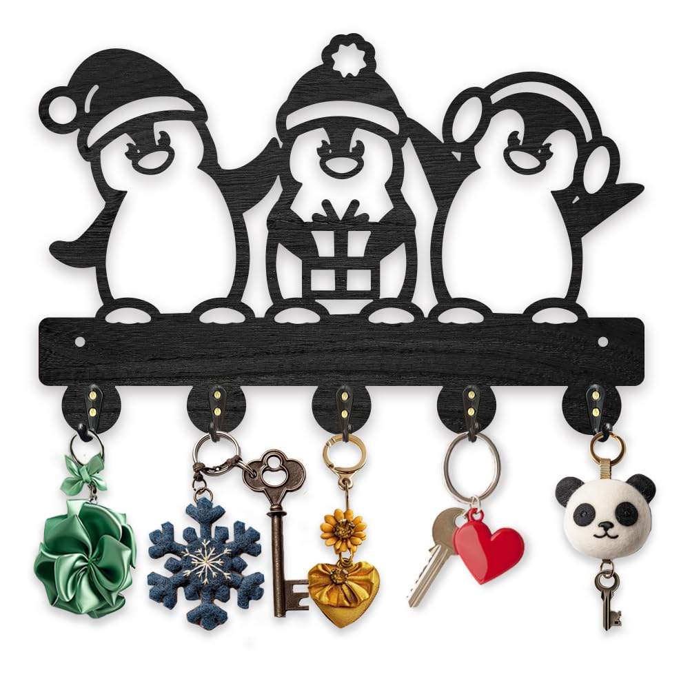 MAYJOYDIY Wood Penguin Key Hook Wall Mount 11.8 x 7.8 inches Christmas Hat Gift Box Key Rack Penguin Animal Themed Coat Hat Hook Wall Decor with 5 Alloy Hooks for Entryway Bedroom Living Room