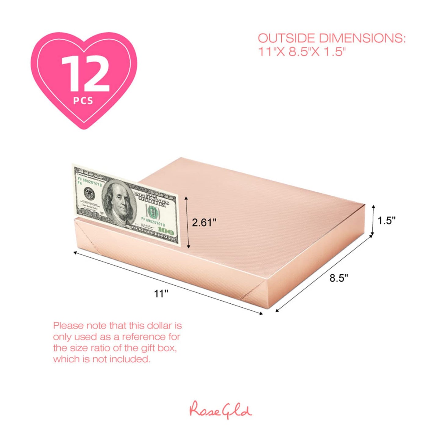 ROSEGLD 12 Gift Boxes with Lids - 11x8.5x1.5 Inches, Apparel Gift Boxes in Glossy Rose Gold with Grain Texture