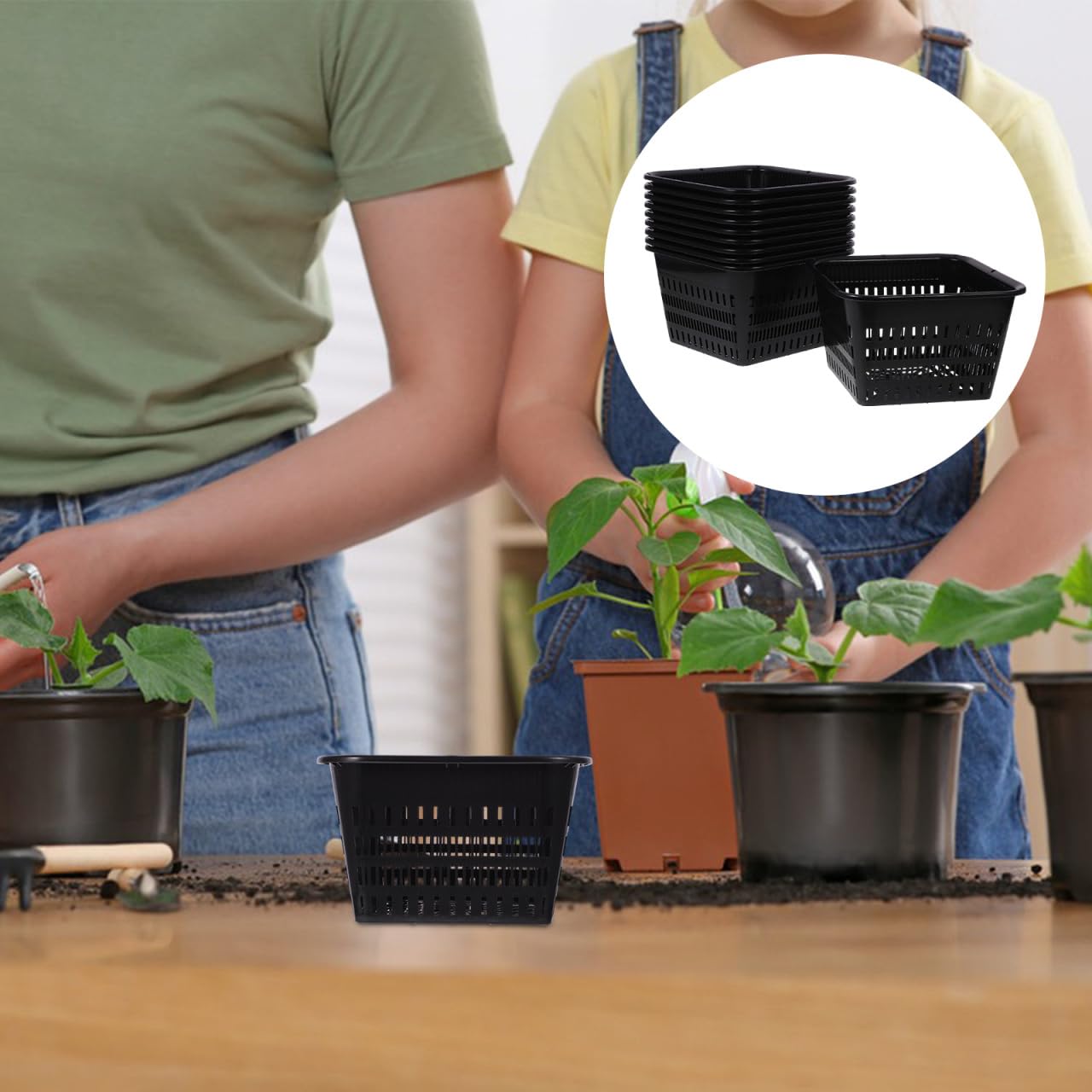 UPKOCH 10 Pack Square Net Pots for Hydroponics, Thick Plastic Orchid Pots with Holes, Black Mesh Slotted Cups for Pond Plant Drainage