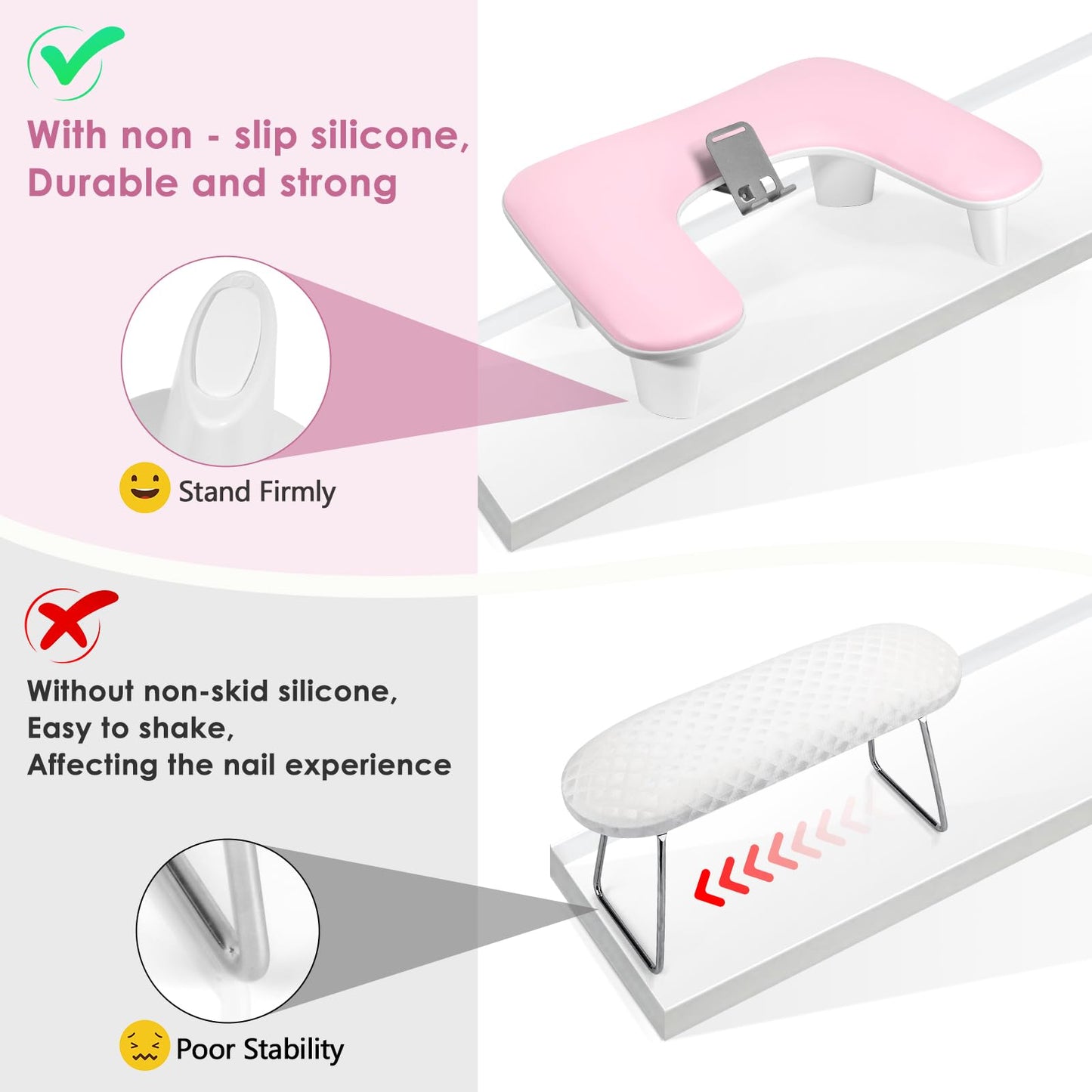 LIONVISON Arm Rest for Nails Tech: U Shaped Ergonomic Nail Hand Rest Stand PU Leather with Rotating Phone Holder for Nail Salon Manicurist (Pink)