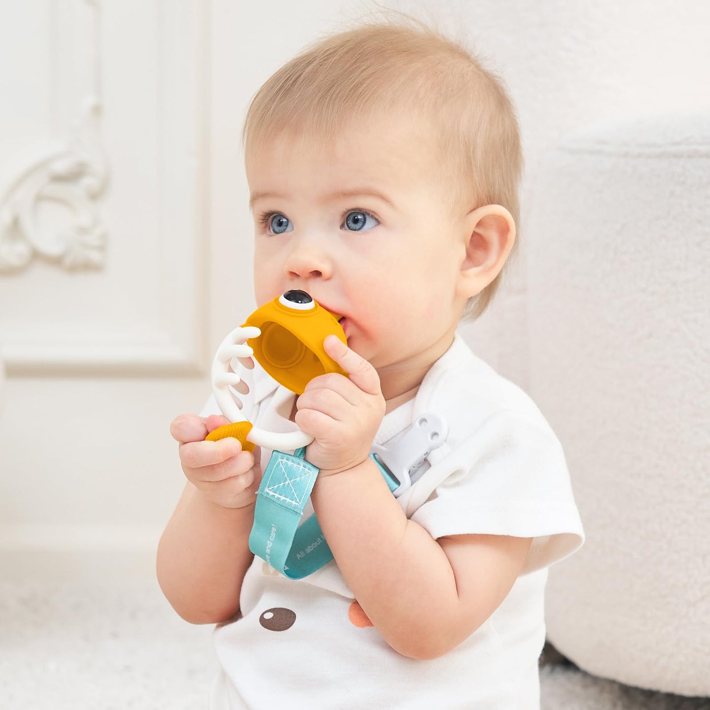 Mombella Clownfish Teethers for Babies 3-6 Months, Baby Teething Toys 6-12 Months with Lanyard to Attach on, Silicone Tether with Different Textures to Gnaw, Ergonomic for Little Hands, Saffron