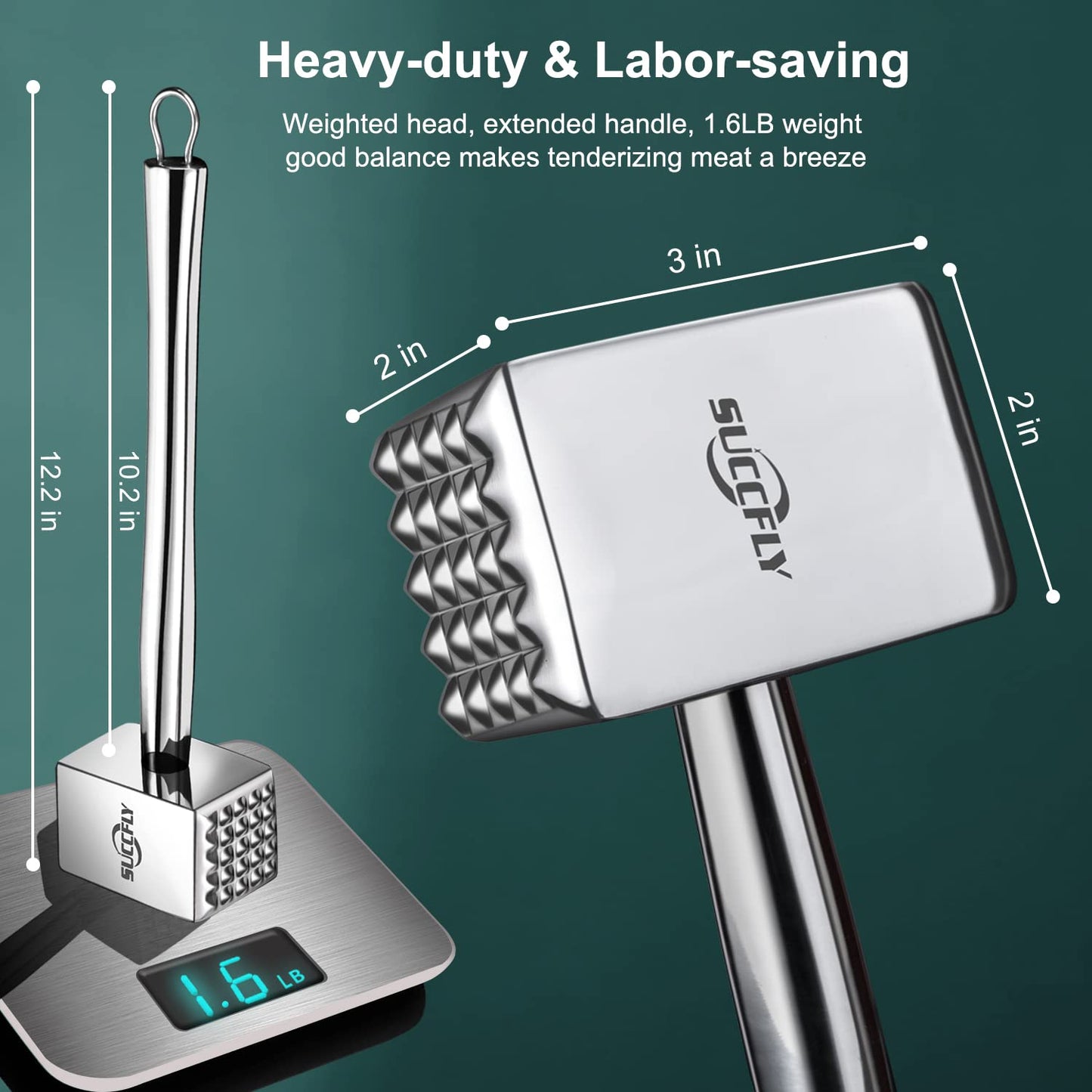 SUCCFLY Meat Tenderizer Stainless Steel, Heavy Duty Meat Hammer, Kitchen Meat Mallet 1.65LB Meat Pounder Flatterner Weighted Hammer Extended Handle for Labor-saving Chicken Steak Meat Tenderizer Tool