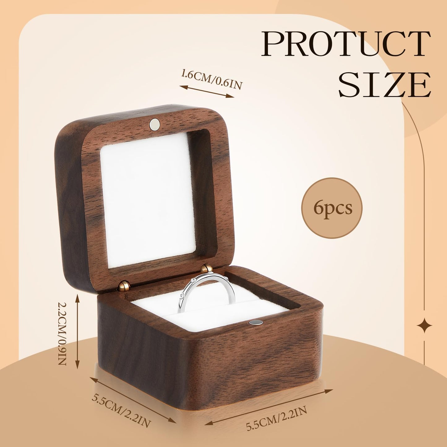 Loetere 6 Pcs Square Wooden Ring Boxes for Wedding Ceremony Proposal Mini Engagement Ring Gift Holder Single Slot Small Vintage Cases Handmade Retro Solid Rustic Jewelry Storage Box (White)