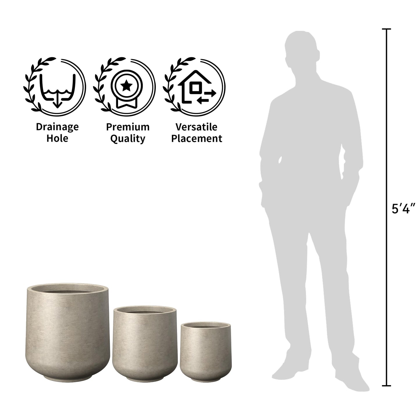 Kante 13" Tall Round Concrete Planter, Medium Plant Pot with Drainage Hole & Rubber Plug – Lightweight Cement Container for Indoor Outdoor, Home Patio Garden Corner,Buff Concrete