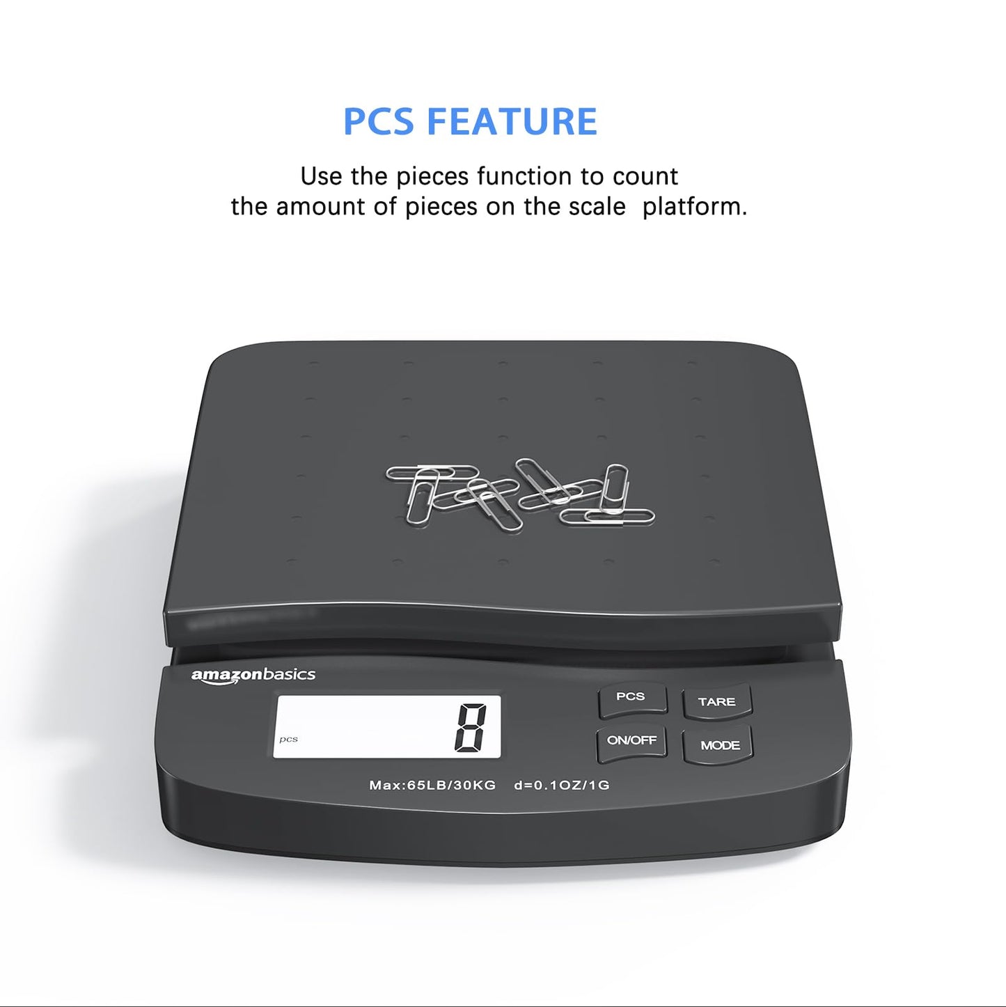 Amazon Basics Digital Postal Shipping Scale with Tare Function, AC Adapter, 65 lb Capacity, 0.1 oz Readability, LCD Display, Black