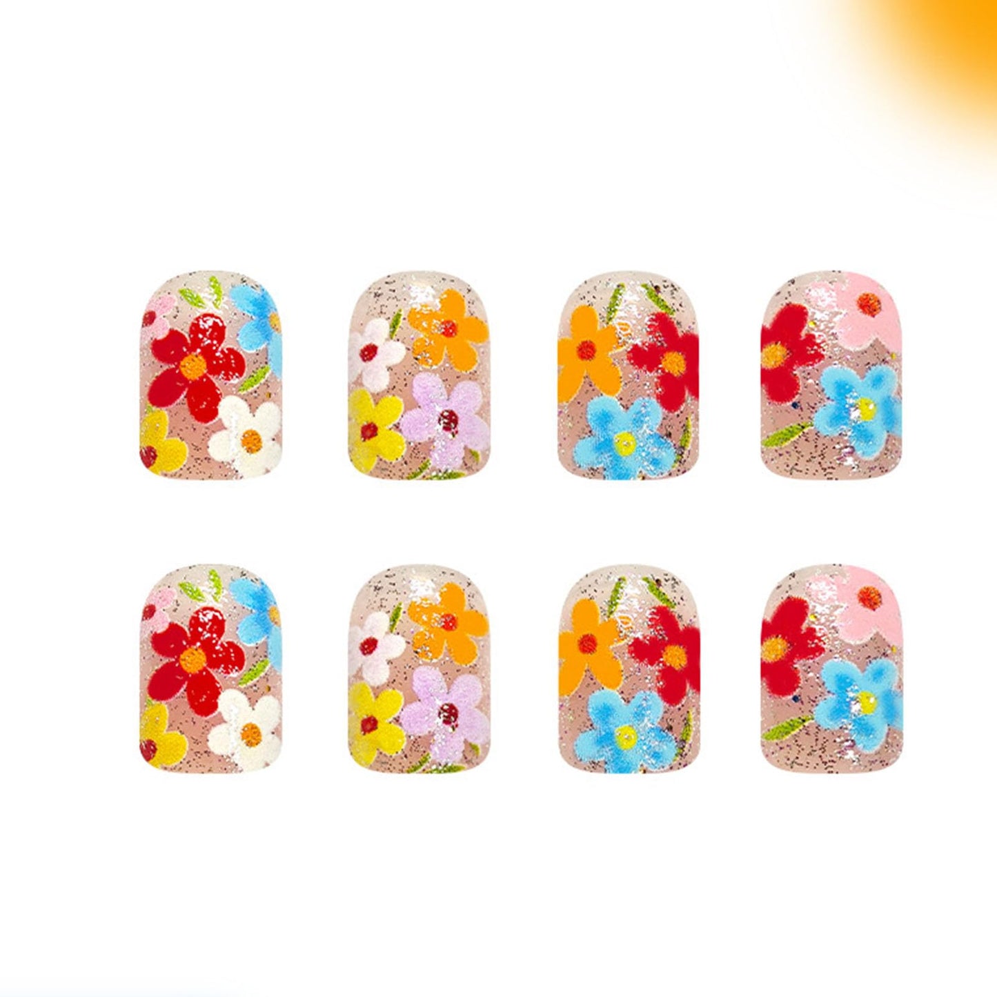 Square Press on Nails Short Fake Nails with Glitter Flower Designs Nails Press ons Colorful Glue on Nails Glossy Acrylic Nails Cute False Nails Spring Summer Stick on Nails for Women 24Pcs