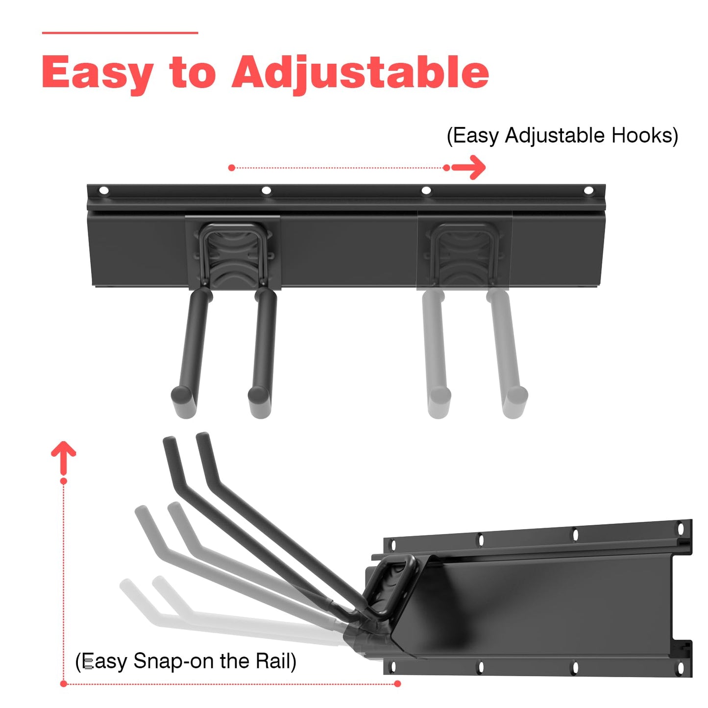 Mutilife Wall-Mounted Garage Tool Organizer: 64 Inch Heavy-Duty Garden Rack & Wall Storage System - 4 Rails 10 Non-Slip Hooks for Folding Chairs, Ladders & DIY Tools