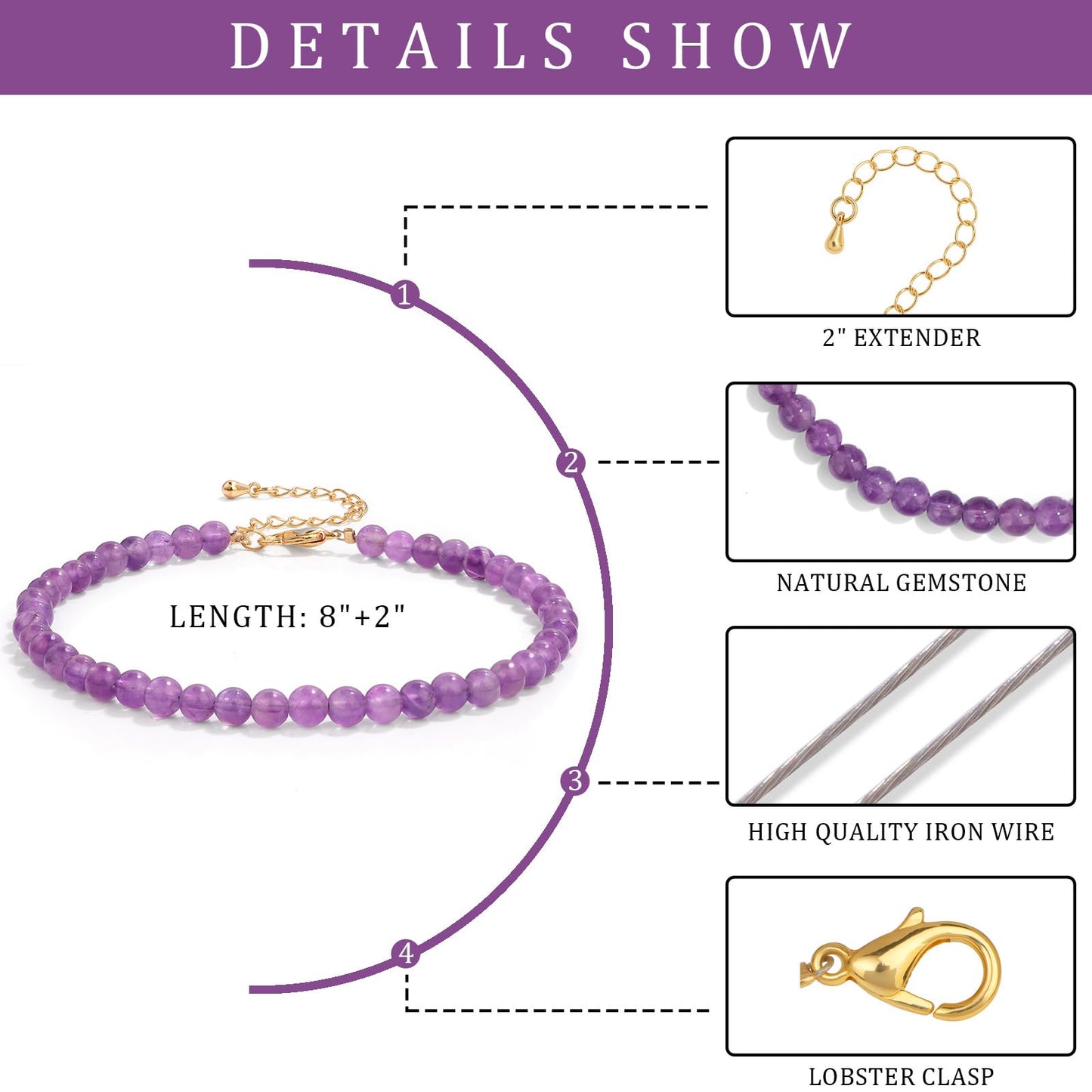 Bolinailo Natural Stone Beaded Anklets for Women, Handmade Boho Amethyst 4mm Crystal Beads Anklet, Gold Chain Adjustable Ankles Bracelet, Beach Summer Jewelry Gift