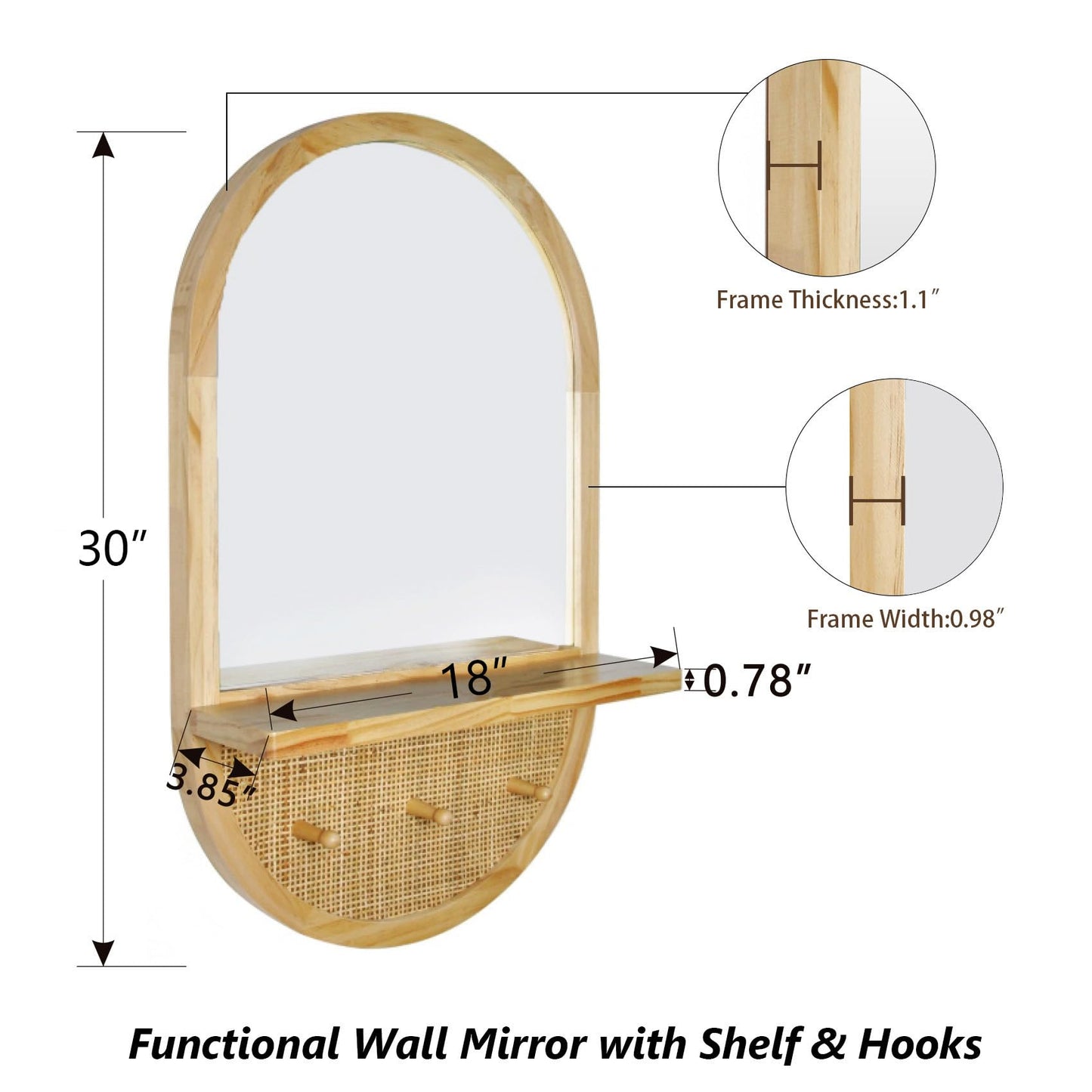 YXDXF Wood Wall Mirror with Hooks, 30x18 Inch Boho Wall Mirror with Removable Shelf, Oval Solid Wood Framed, Handmade Rattan Mirror Decor Accent for Entryway, Bathroom, Nursery, Bedroom, Living Room