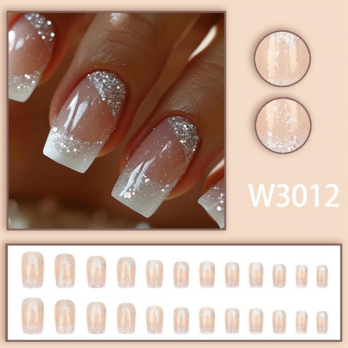 24Pcs Press on Nails Medium Square French Tip Fake Nails with Silver Glitter False Nails White French Tip Stick on Nails Nude Full Cover Artificial Glue on Nails for Women Girls DIY Nails Art