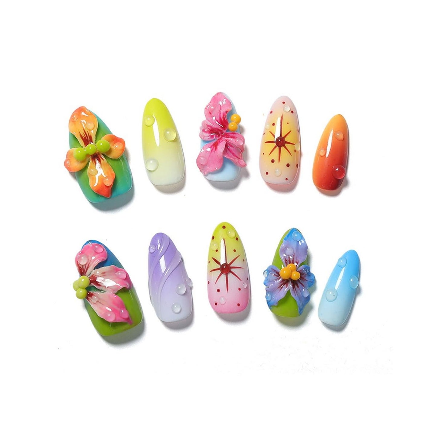 Handmade Press on Nails Medium Almond - 3D Luxury Colorful Flower Press on Nails Designs Thick Acrylic and Muti-Layer Gel False Nails Full Cover Gradient Fake Nails Stick on Nails for Women (Size S)