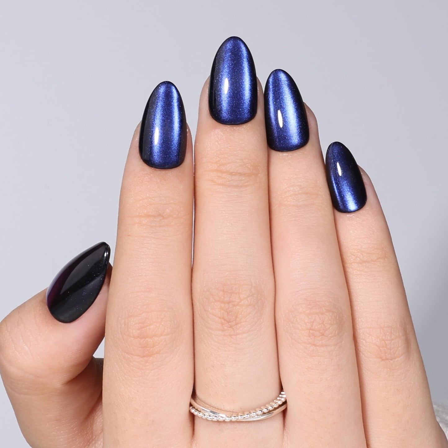 Blue Cat Eye Press On Nails Almond - Dark Blue Short Almond Fake Nails, Cateye Press On Nails Reusable Stick On Nails in 16 Sizes, 32pcs False Nail Kit for Women & Girls (Deep Ocean)
