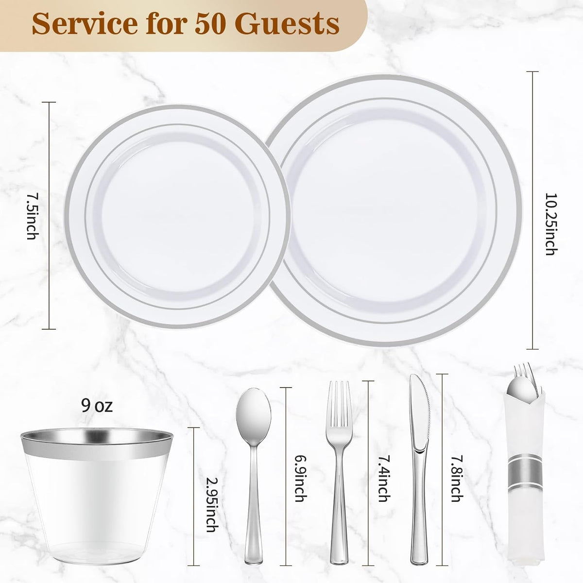 BESTVIP 350PCS Silver Plastic Dinnerware Set, Disposable Party Plates for 50 Guests, Include: 100 Plastic Plates, 50 Pre Rolled Napkins with Silver Silverware, 50 Cups