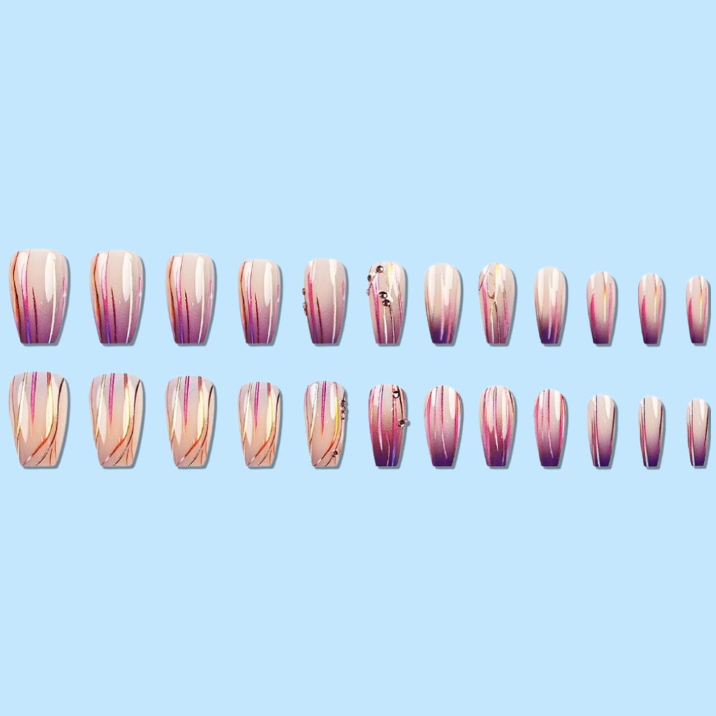 24 Pcs Magic Purple Gradient Press on Nails Medium Square Fake Nails Sparkly Curve Line with Diamonds Design False Nails Purple Gradient Acrylic Stick on Nails Glossy for Women Manicure Decoration