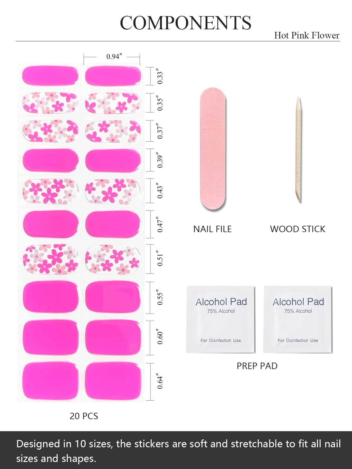 AutyaMee Semi Cured Gel Nail Strips (Hot Pink Flower), 20 Pcs Summer Gel Nail Wraps, Stickers, UV Light Required, Salon Quality, Long Lasting